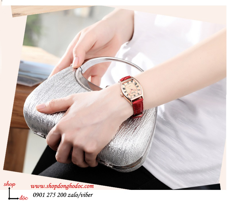 đồng hồ nữ dây da đỏ mặt chữ nhật oval vàng sang chảnh Prema ĐHĐ1604