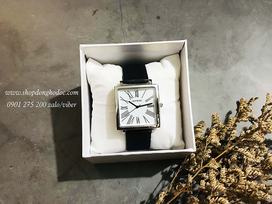 Đồng hồ nữ dây da mặt vuông size to đen cá tính Cannanat ĐHĐ20901