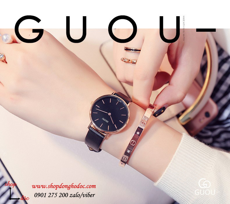 Đồng hồ nữ dây da mặt tròn đen cá tính Guou ĐHĐ22801