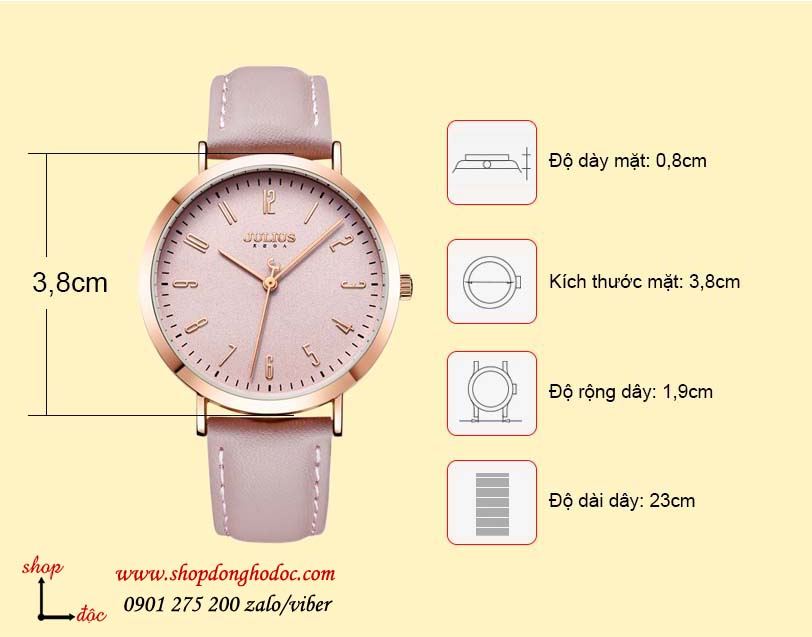 Đồng hồ nữ dây da mặt tròn hồng pastel nhẹ nhàng Julius 1017 ĐHĐ24601