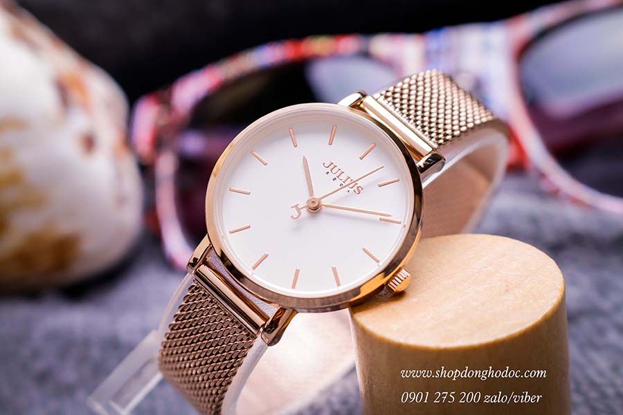 Đồng hồ nữ dây kim loại lưới vàng mặt tròn trắng nhẹ nhàng Julius 1164 ĐHĐ24904