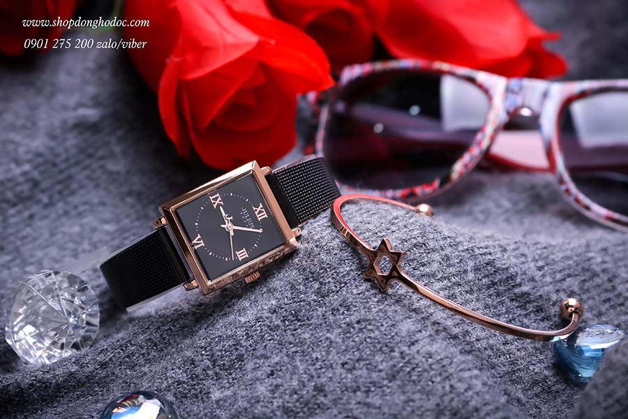 Đồng hồ nữ dây kim loại lưới mặt chữ nhật đen quý phái Julius 1202 ĐHĐ25004