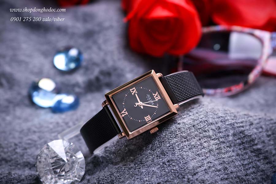 Đồng hồ nữ dây kim loại lưới mặt chữ nhật đen quý phái Julius 1202 ĐHĐ25004