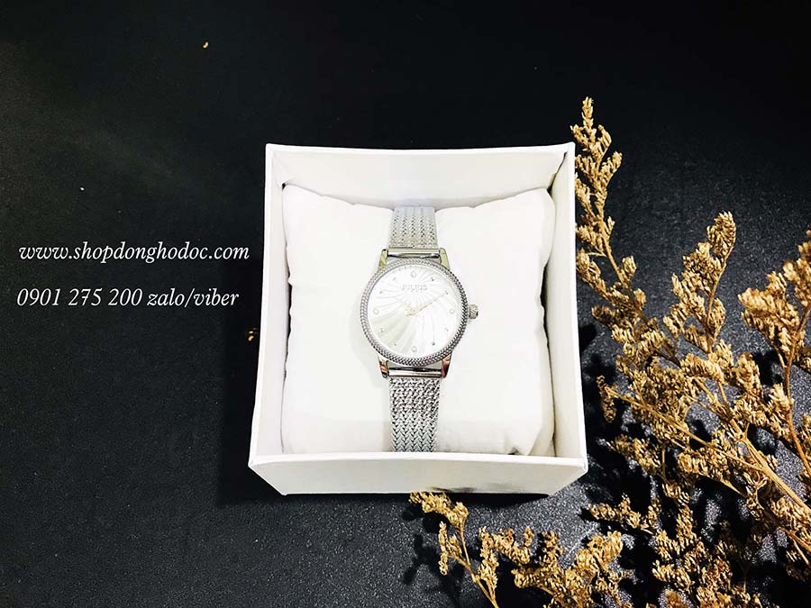 Đồng hồ nữ dây kim loại lưới bạc mặt tròn trắng hiện đại Julius 1219 ĐHĐ25101