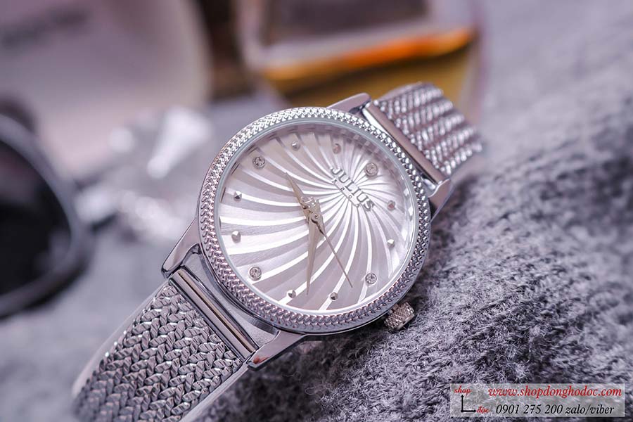 Đồng hồ nữ dây kim loại lưới bạc mặt tròn trắng hiện đại Julius 1219 ĐHĐ25101