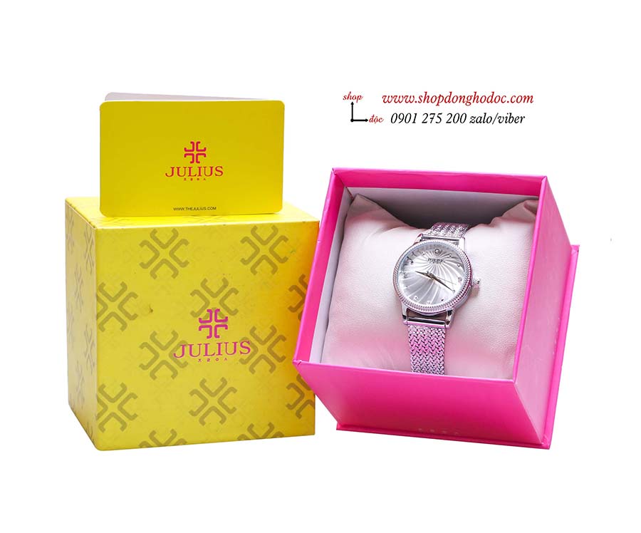 Đồng hồ nữ dây kim loại lưới bạc mặt tròn trắng hiện đại Julius 1219 ĐHĐ25101