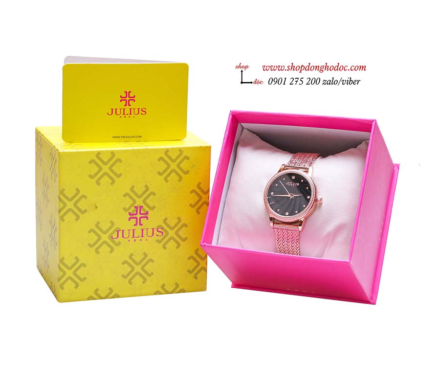 Đồng hồ nữ dây kim loại lưới vàng mặt tròn đen sang chảnh Julius 1219 ĐHĐ25102