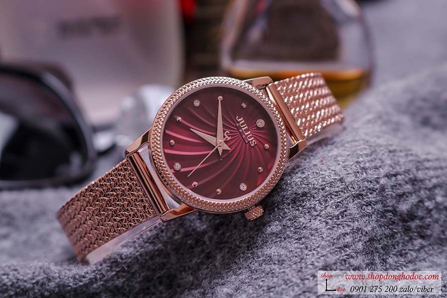 Đồng hồ nữ dây kim loại lưới vàng mặt tròn đỏ quyến rũ Julius 1219 ĐHĐ25104