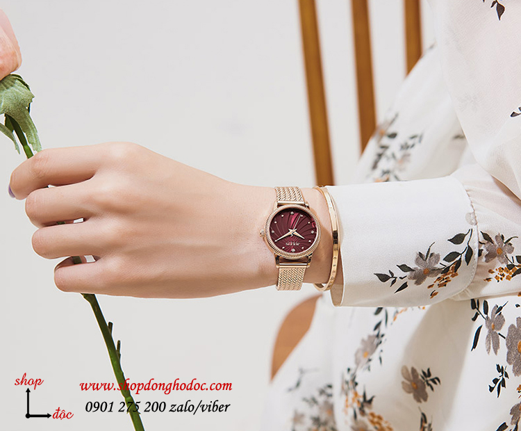 Đồng hồ nữ dây kim loại lưới vàng mặt tròn đỏ quyến rũ Julius 1219 ĐHĐ25104