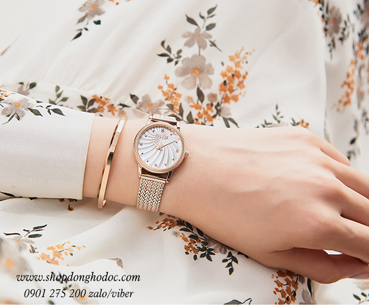 Đồng hồ nữ dây kim loại lưới vàng mặt tròn trắng thanh lịch Julius 1219 ĐHĐ25103