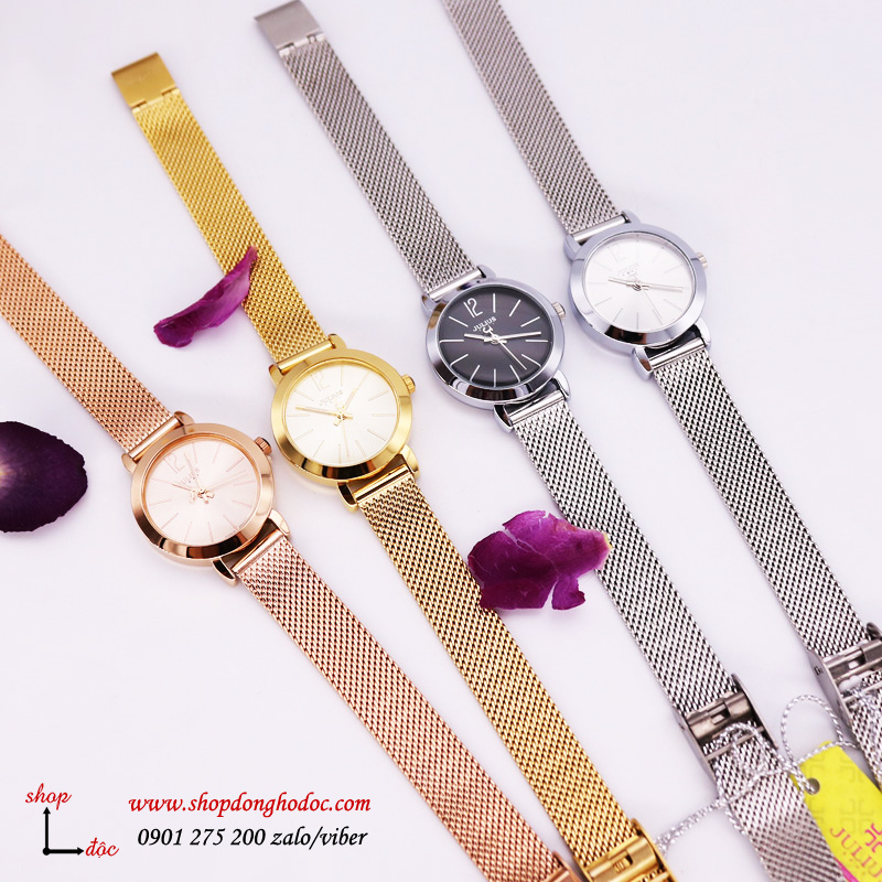 Bộ sưu tập 4 màu đồng hồ nữ dây kim loại lưới mặt tròn Julius 732