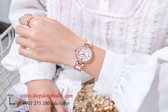 Đồng hồ nữ dây đá Caremic vàng mặt tròn đính đá trắng sang chảnh ĐHĐ28403