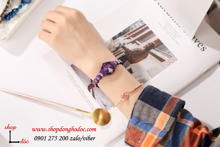 Đồng hồ nữ dây kim loại mặt tròn size nhỏ tím sành điệu ĐHĐ19803