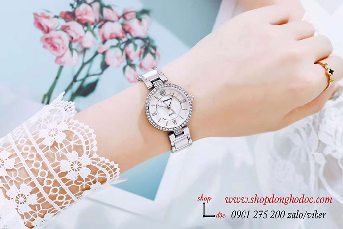 Đồng hồ nữ dây đá Caremic bạc mặt tròn đính đá trắng thời trang ĐHĐ28402
