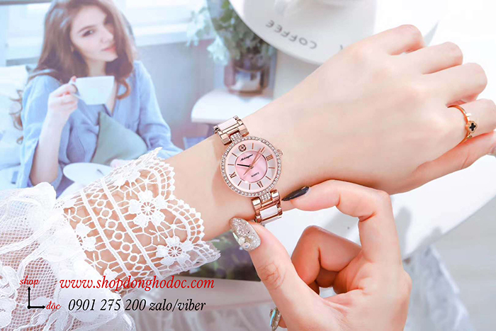 Đồng hồ nữ dây đá Caremic vàng mặt tròn đính đá hồng ngọt ngào ĐHĐ28401