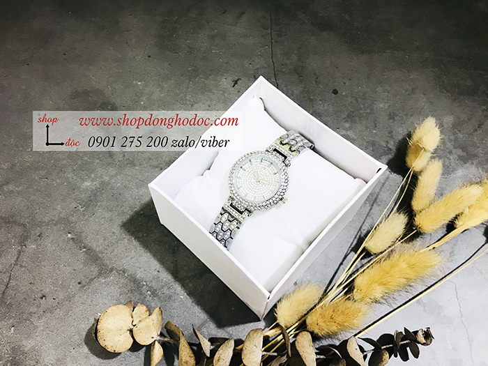 Đồng hồ nữ mâm xôi BS Bee Sister dây kim loại mặt tròn đính đá bạc ĐHĐ10801