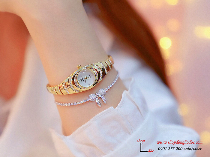 Đồng hồ nữ BS Bee Sister dây kim loại mặt tròn nhỏ đính đá màu vàng ĐHĐ17803