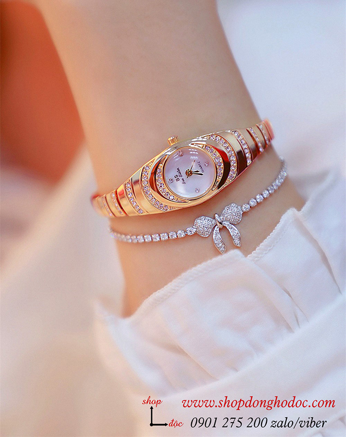 Đồng hồ nữ BS Bee Sister dây kim loại mặt tròn nhỏ đính đá màu vàng hồng ĐHĐ17801