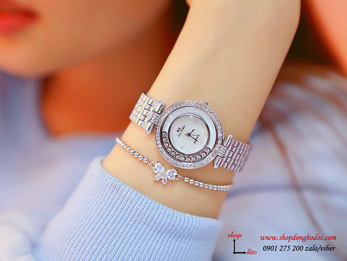 Đồng hồ nữ BS Bee Sister dây kim loại mặt tròn đính đá bạc sang trọng ĐHĐ17901