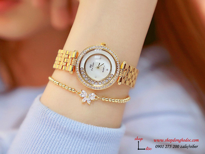 Đồng hồ nữ BS Bee Sister dây kim loại mặt tròn đính đá vàng sang chảnh ĐHĐ17902