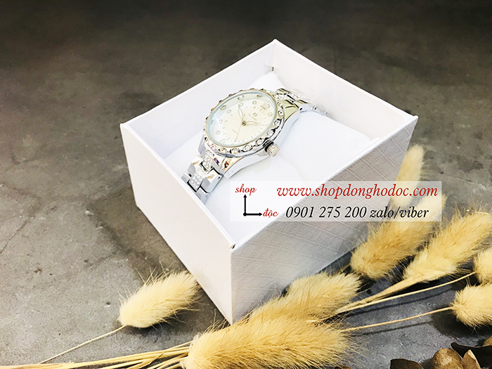 Đồng hồ nữ BS Bee Sister dây kim loại mặt tròn đính đá bạc hiện đại ĐHĐ18101