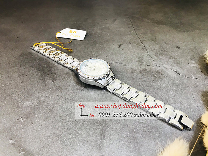 Đồng hồ nữ BS Bee Sister dây kim loại mặt tròn đính đá bạc hiện đại ĐHĐ18101