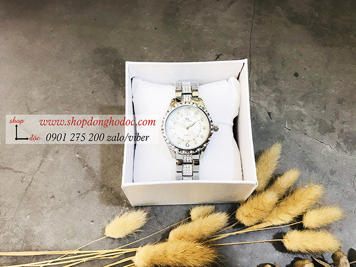 Đồng hồ nữ BS Bee Sister dây kim loại mặt tròn đính đá bạc hiện đại ĐHĐ18101