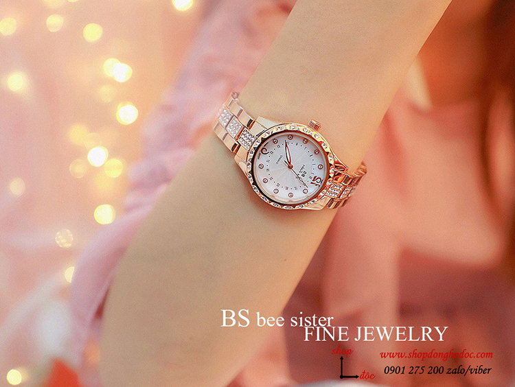 Đồng hồ nữ BS Bee Sister dây kim loại mặt tròn đính đá vàng hồng sang chảnh ĐHĐ18102