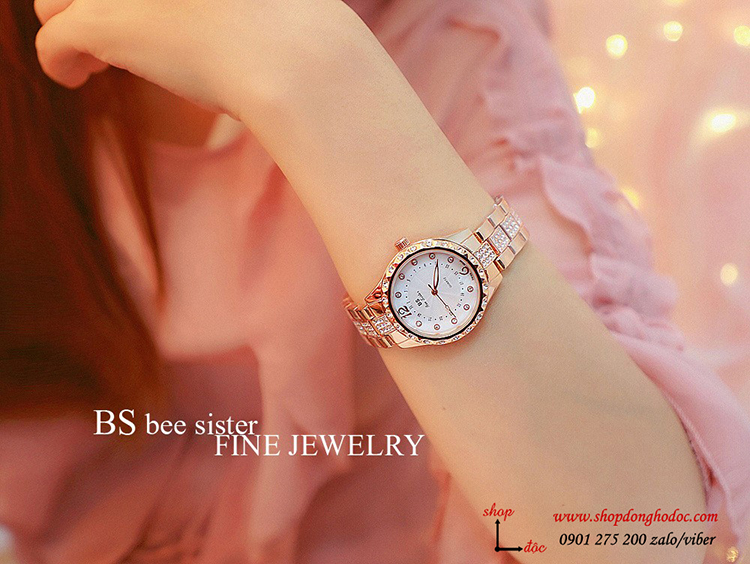 Đồng hồ nữ BS Bee Sister dây kim loại mặt tròn đính đá vàng hồng sang chảnh ĐHĐ18102