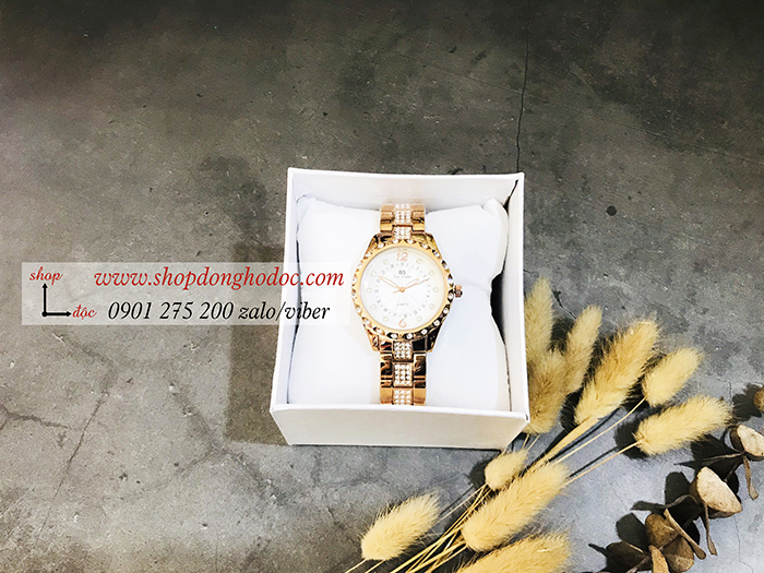 Đồng hồ nữ BS Bee Sister dây kim loại mặt tròn đính đá vàng hồng sang chảnh ĐHĐ18102