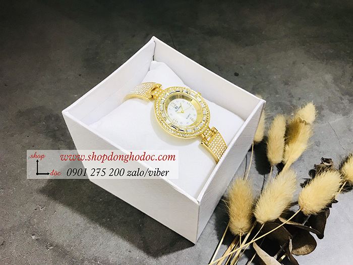 Đồng hồ nữ BS Bee Sister dây kim loại mặt tròn đính đá vàng ĐHĐ10601