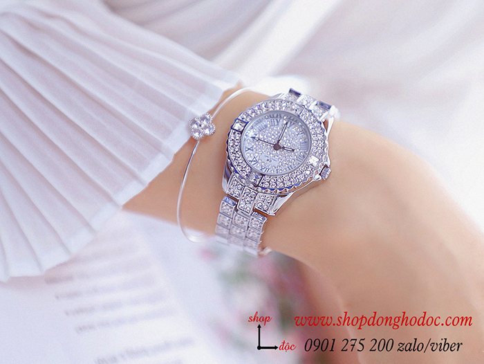 Đồng hồ nữ BS Bee Sister dây kim loại bạc mặt tròn đính đá thời thượng ĐHĐ10702