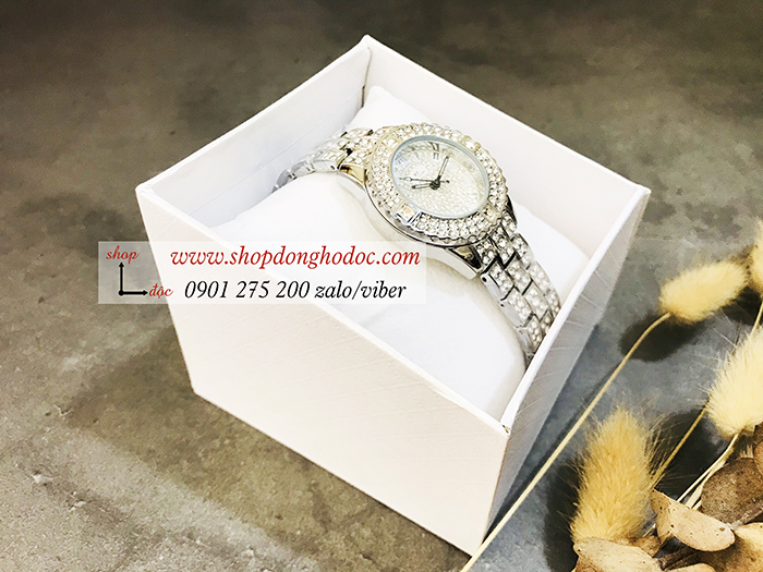 Đồng hồ nữ BS Bee Sister dây kim loại bạc mặt tròn đính đá thời thượng ĐHĐ10702