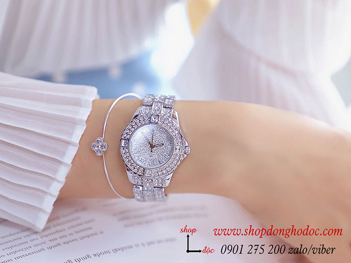 Đồng hồ nữ BS Bee Sister dây kim loại bạc mặt tròn đính đá thời thượng ĐHĐ10702