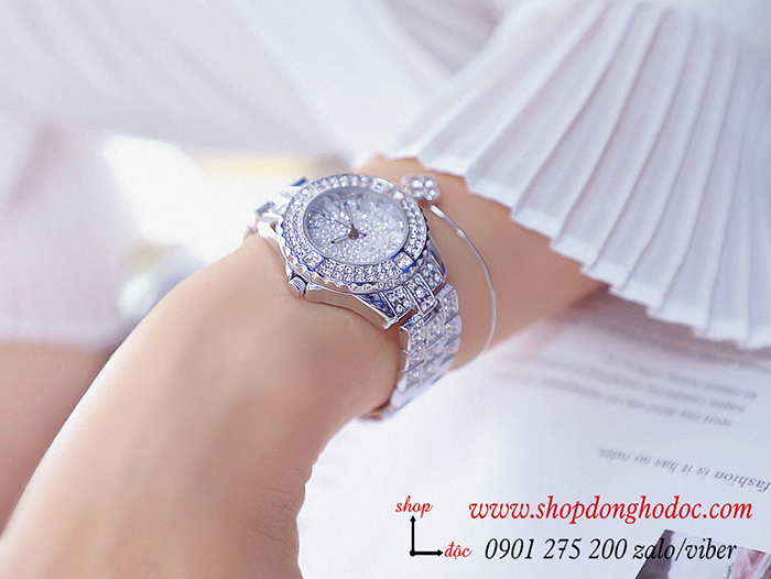 Đồng hồ nữ BS Bee Sister dây kim loại bạc mặt tròn đính đá thời thượng ĐHĐ10702