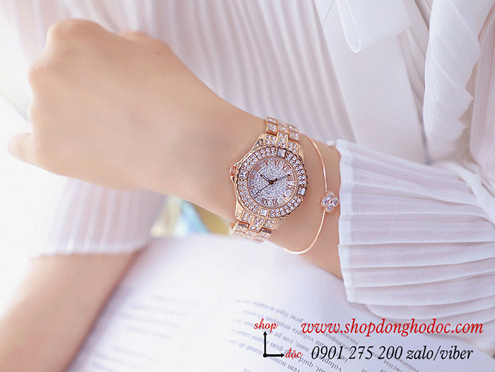 Đồng hồ nữ BS Bee Sister dây kim loại vàng hồng mặt tròn đính đá sành điệu ĐHĐ10701