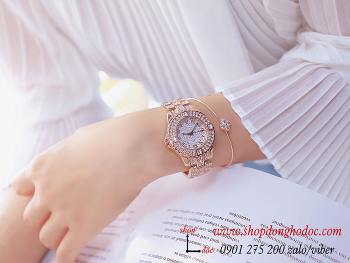 Đồng hồ nữ BS Bee Sister dây kim loại vàng hồng mặt tròn đính đá sành điệu ĐHĐ10701