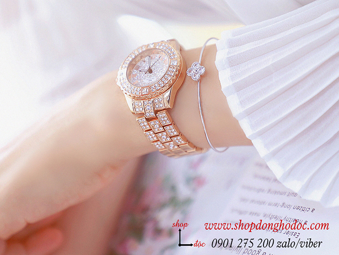 Đồng hồ nữ BS Bee Sister dây kim loại vàng hồng mặt tròn đính đá sành điệu ĐHĐ10701
