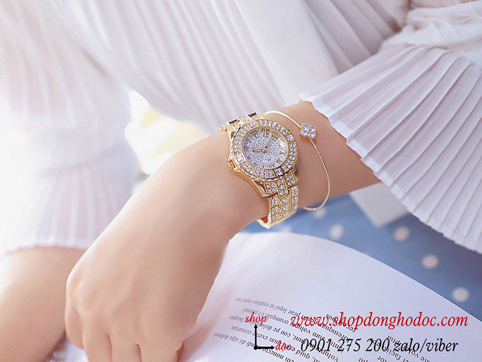 Đồng hồ nữ BS Bee Sister dây kim loại vàng mặt tròn đính đá sang chảnh ĐHĐ10703