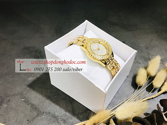 Đồng hồ nữ BS Bee Sister dây kim loại vàng mặt tròn đính đá sang chảnh ĐHĐ10703