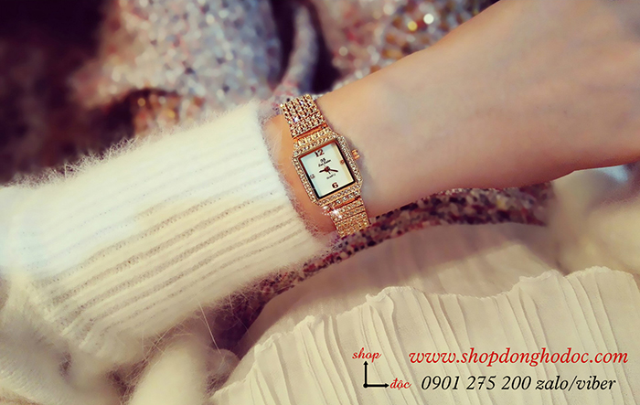Đồng hồ nữ BS Bee Sister dây kim loại mặt vuông đính đá vàng ĐHĐ17001