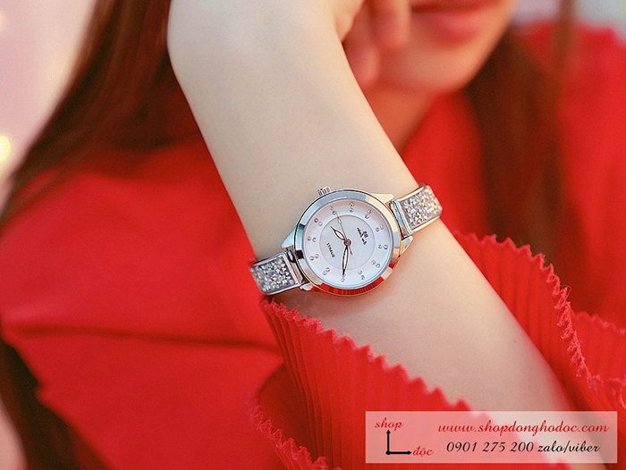 Đồng hồ nữ BS Bee Sister dây kim loại mặt tròn đính đá bạc ĐHĐ18001