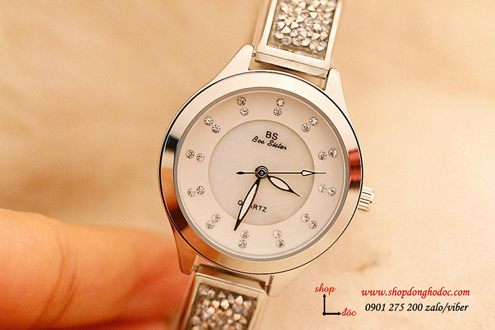 Đồng hồ nữ BS Bee Sister dây kim loại mặt tròn đính đá bạc ĐHĐ18001