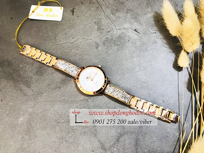 Đồng hồ nữ BS Bee Sister dây kim loại mặt tròn đính đá vàng hồng ĐHĐ18002