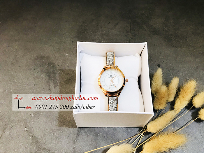 Đồng hồ nữ BS Bee Sister dây kim loại mặt tròn đính đá vàng hồng ĐHĐ18002