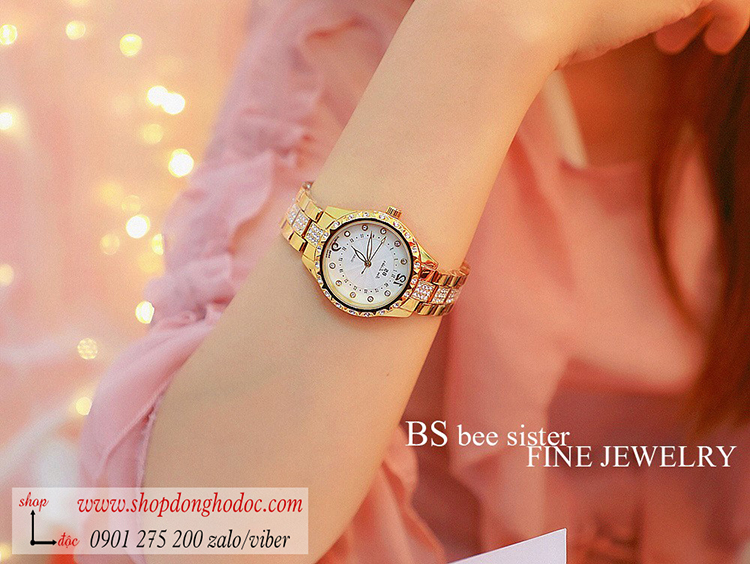 Đồng hồ BS Bee Sister nữ dây kim loại mặt tròn size to đính đá vàng sang chảnh ĐHĐ18103