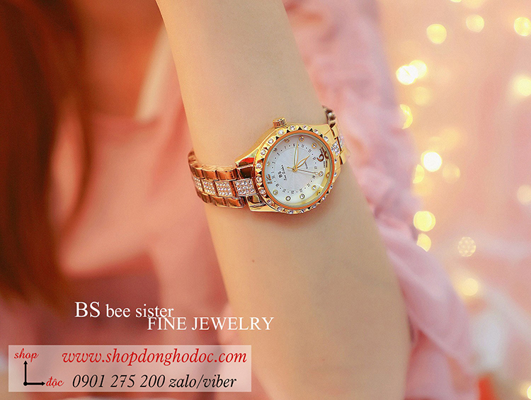 Đồng hồ BS Bee Sister nữ dây kim loại mặt tròn size to đính đá vàng sang chảnh ĐHĐ18103