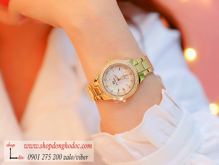 Đồng hồ BS Bee Sister nữ dây kim loại mặt tròn size to đính đá vàng sang chảnh ĐHĐ28902