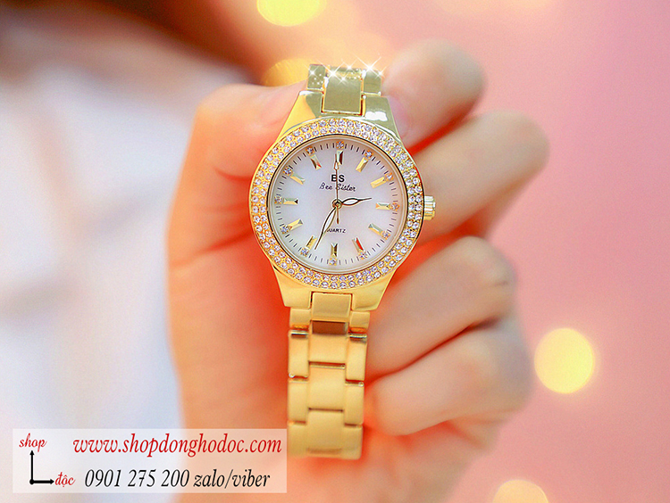 Đồng hồ BS Bee Sister nữ dây kim loại mặt tròn size to đính đá vàng sang chảnh ĐHĐ28902