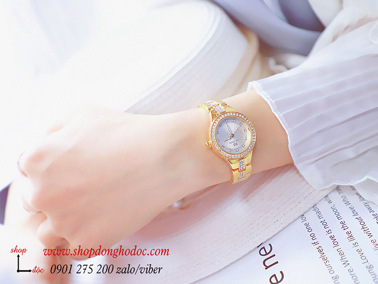 Đồng hồ nữ BS Bee Sisiter dây kim loại vàng mặt tròn đính đá sang chảnh ĐHĐ29001